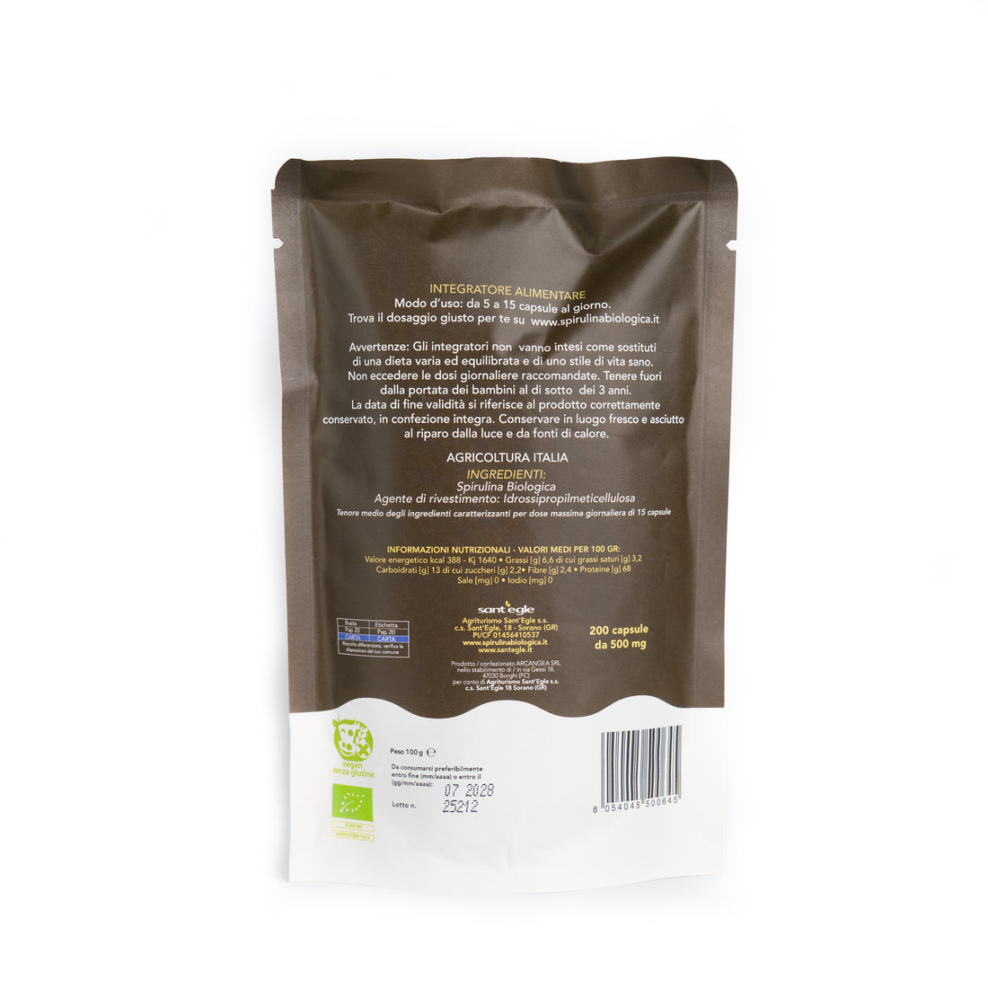 Spirulina biologica, 200 capsule da 500 mg